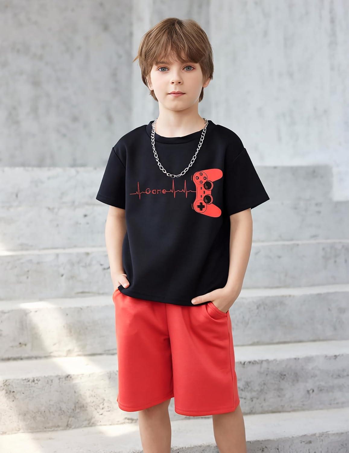 image:imageArshiner Boys Drop Shoulder TShirt amp Drawstring Waist Shorts Summer Casual Outfits 512 YearsBlack Print Red