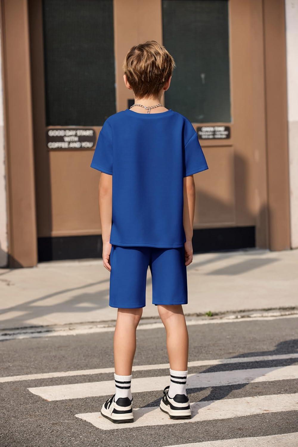 image:imageArshiner Boys Drop Shoulder TShirt amp Drawstring Waist Shorts Summer Casual Outfits 512 YearsBlue