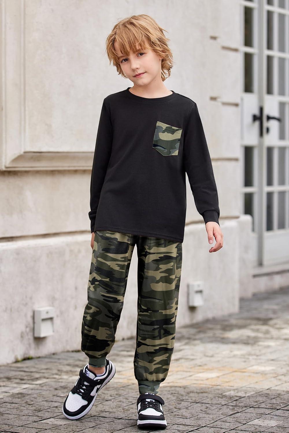 image:imageArshiner Boys Fall Clothes Set Long Sleeve Pullover TShirt amp Jogger Pants Casual Outfits for 513 Years KidsBlackCamo