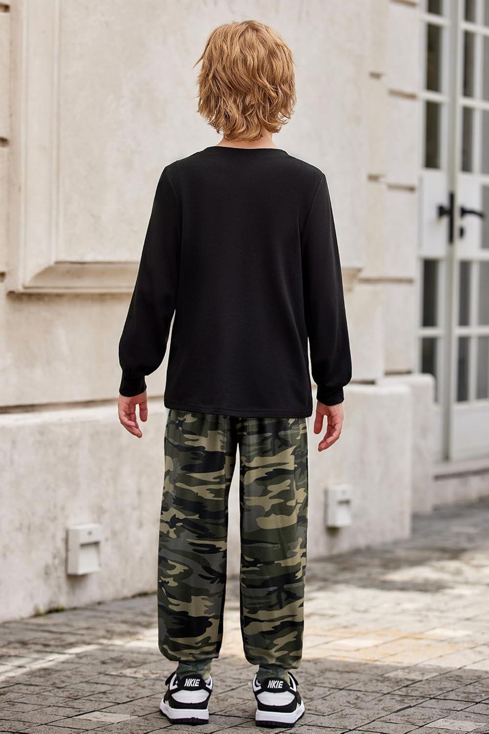 image:imageArshiner Boys Fall Clothes Set Long Sleeve Pullover TShirt amp Jogger Pants Casual Outfits for 513 Years KidsBlackCamo