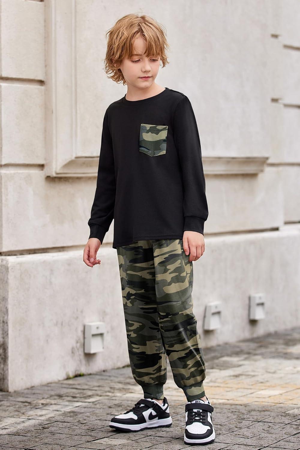image:imageArshiner Boys Fall Clothes Set Long Sleeve Pullover TShirt amp Jogger Pants Casual Outfits for 513 Years KidsBlackCamo