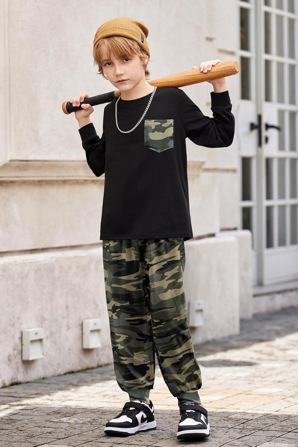 image:imageArshiner Boys Fall Clothes Set Long Sleeve Pullover TShirt amp Jogger Pants Casual Outfits for 513 Years KidsBlackCamo