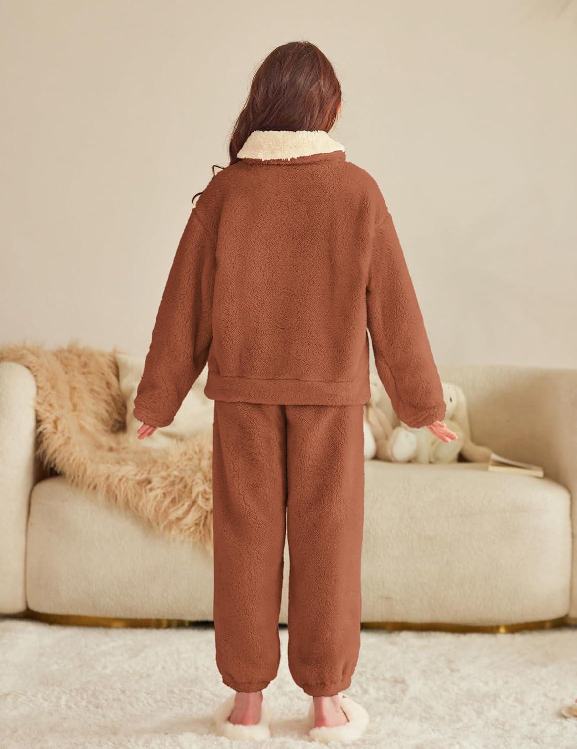 image:imageArshiner Girls Clothes 2 Piece Fuzzy Outfits Winter Warm Fleece Loose Pullover Sweatshirt and Sweatpant SweatsuitBrown