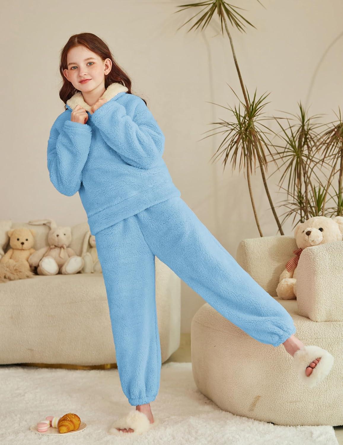 image:imageArshiner Girls Clothes 2 Piece Fuzzy Outfits Winter Warm Fleece Loose Pullover Sweatshirt and Sweatpant SweatsuitLight Blue
