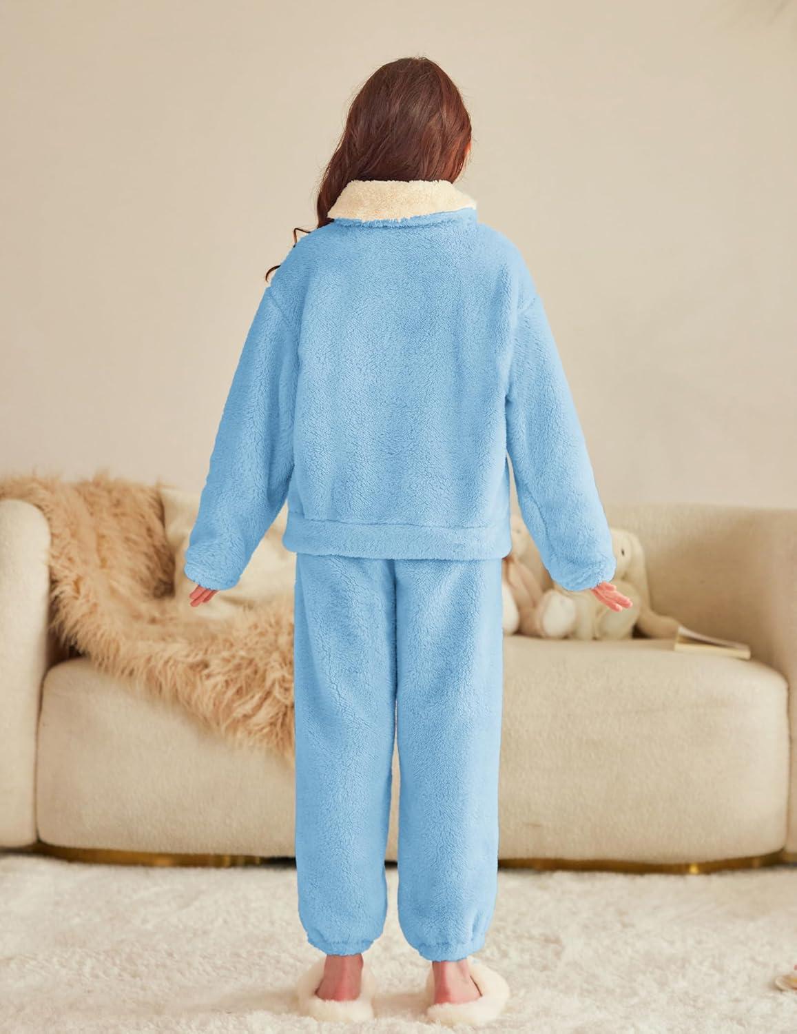 image:imageArshiner Girls Clothes 2 Piece Fuzzy Outfits Winter Warm Fleece Loose Pullover Sweatshirt and Sweatpant SweatsuitLight Blue