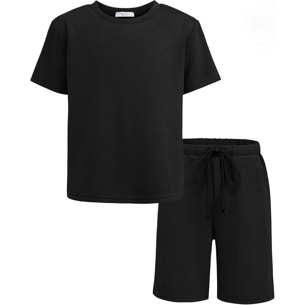 image:imageArshiner Boys Drop Shoulder TShirt amp Drawstring Waist Shorts Summer Casual Outfits 512 YearsBlack