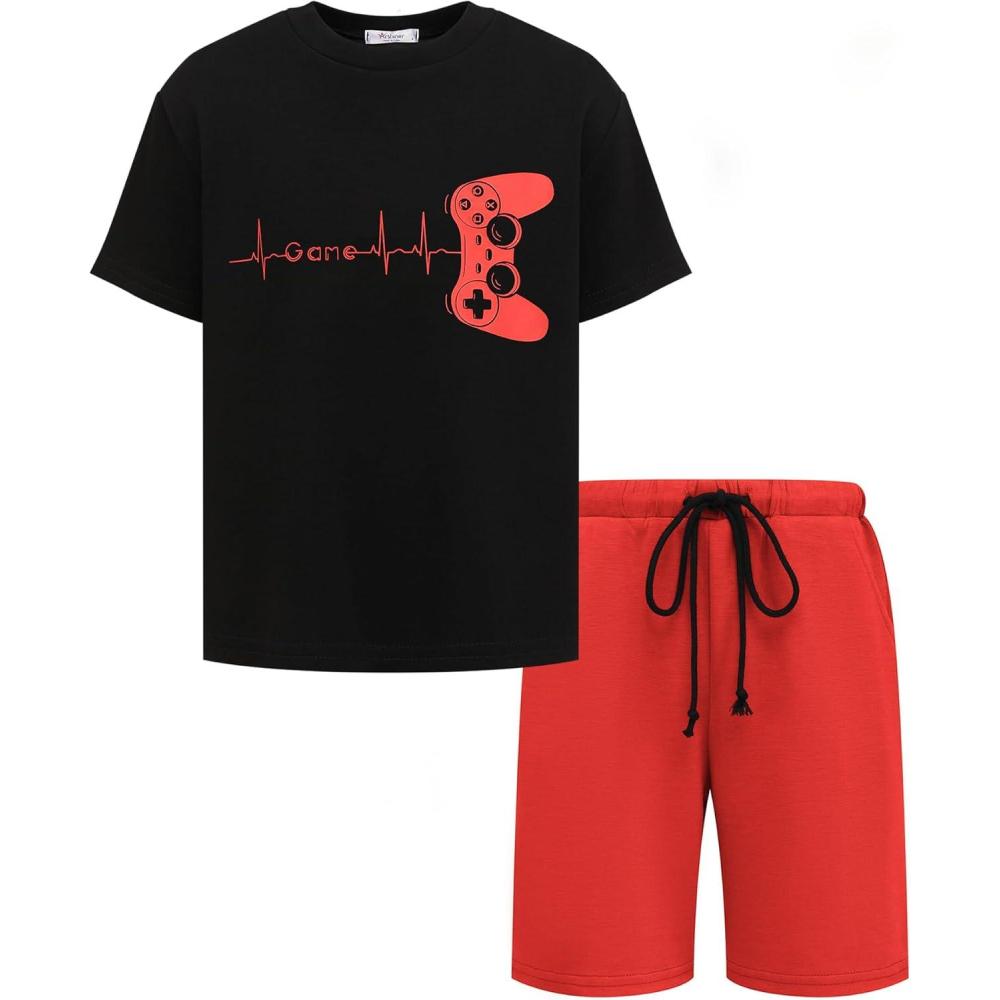 image:imageArshiner Boys Drop Shoulder TShirt amp Drawstring Waist Shorts Summer Casual Outfits 512 YearsBlack Print Red