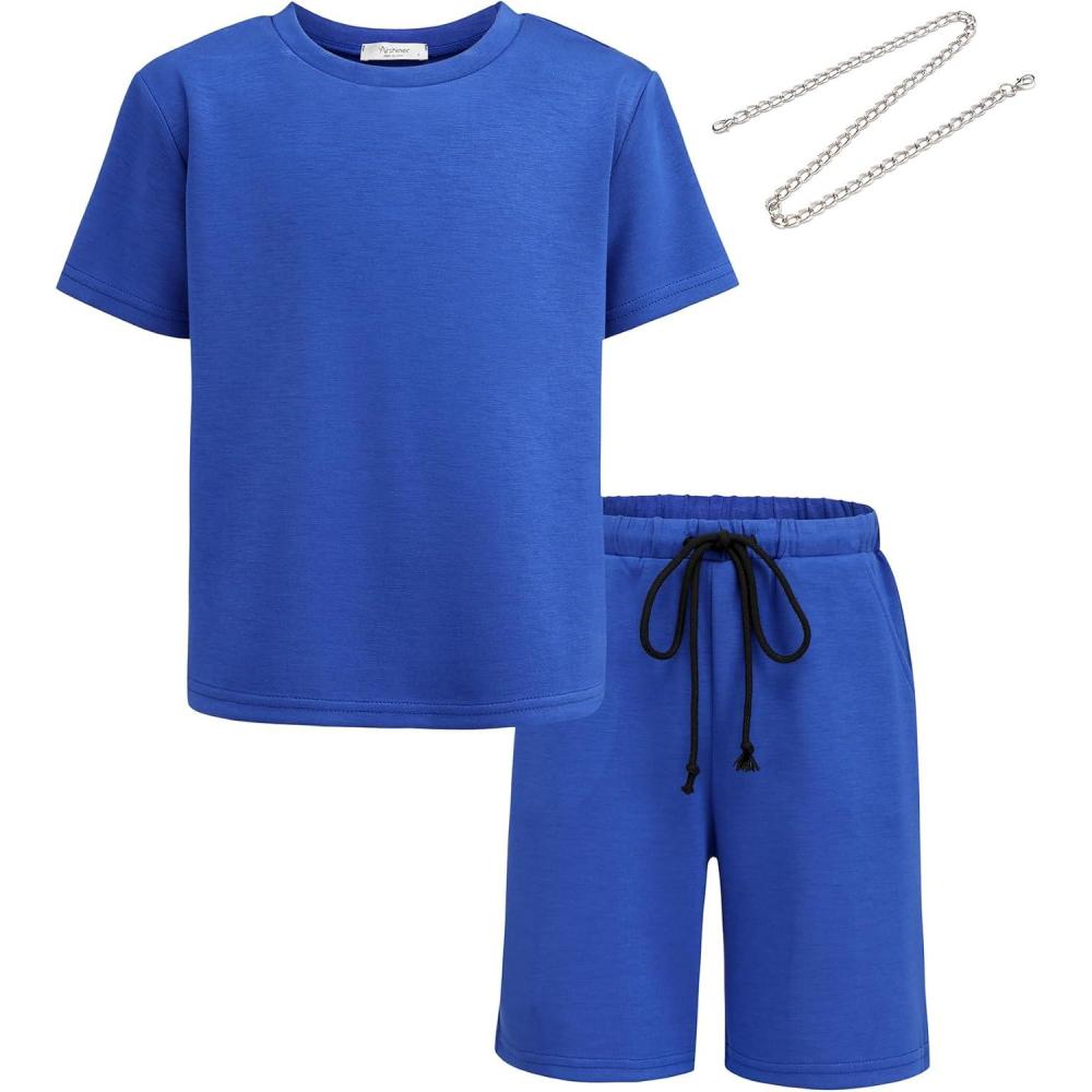 image:imageArshiner Boys Drop Shoulder TShirt amp Drawstring Waist Shorts Summer Casual Outfits 512 YearsBlue