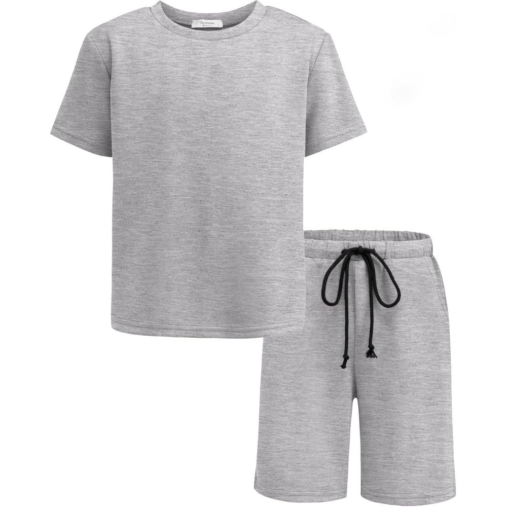image:imageArshiner Boys Drop Shoulder TShirt amp Drawstring Waist Shorts Summer Casual Outfits 512 YearsGrey