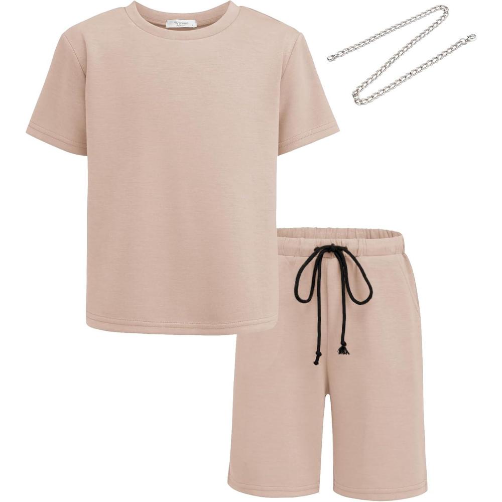 image:imageArshiner Boys Drop Shoulder TShirt amp Drawstring Waist Shorts Summer Casual Outfits 512 YearsKhaki