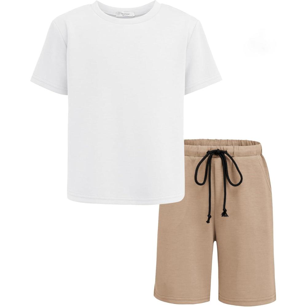 image:imageArshiner Boys Drop Shoulder TShirt amp Drawstring Waist Shorts Summer Casual Outfits 512 YearsWhite Khaki