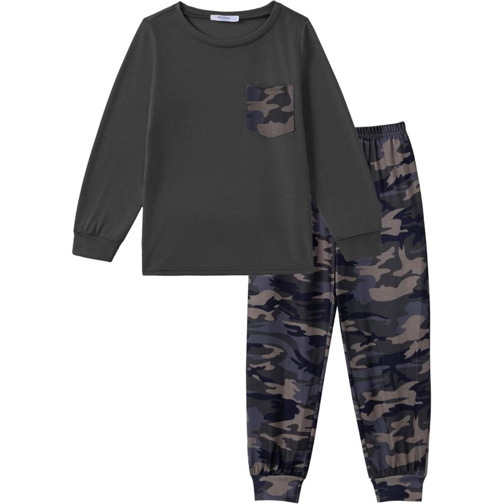 image:imageArshiner Boys Fall Clothes Set Long Sleeve Pullover TShirt amp Jogger Pants Casual Outfits for 513 Years KidsBlackCamo