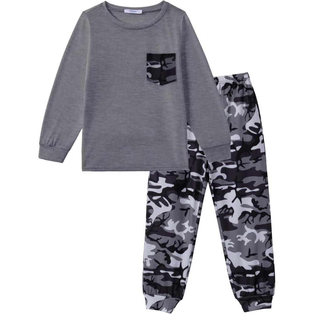 image:imageArshiner Boys Fall Clothes Set Long Sleeve Pullover TShirt amp Jogger Pants Casual Outfits for 513 Years KidsGreyCamo