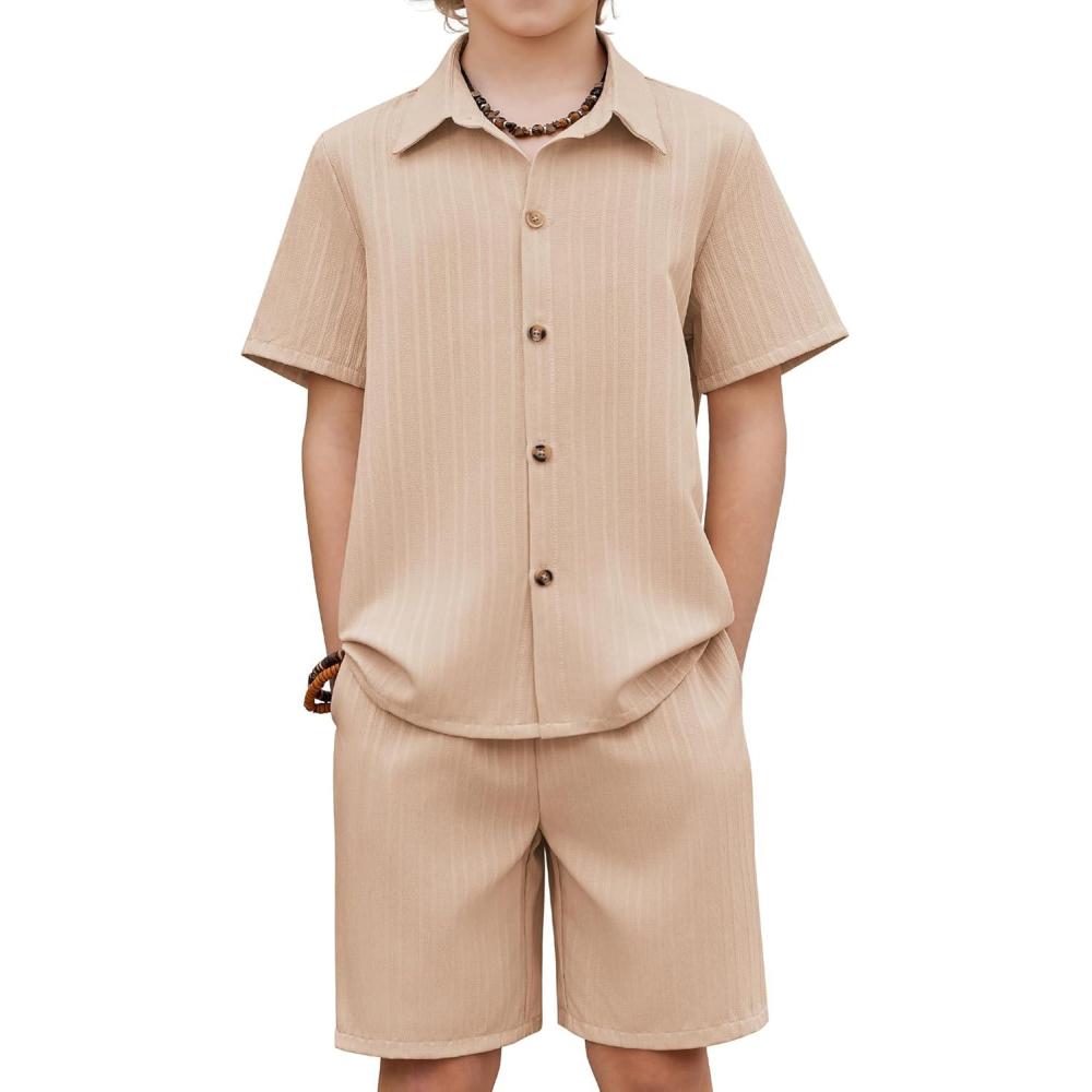image:imageArshiner Boys Textured Button Up Shirt and Shorts Set 2 Piece Summer Beach Outfit for 512 Years KidsLight Khaki