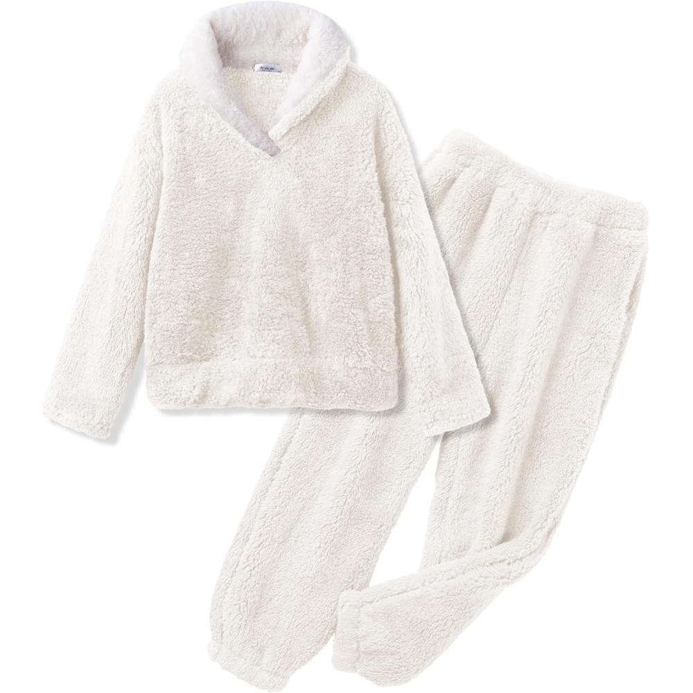 image:imageArshiner Girls Clothes 2 Piece Fuzzy Outfits Winter Warm Fleece Loose Pullover Sweatshirt and Sweatpant SweatsuitBeige