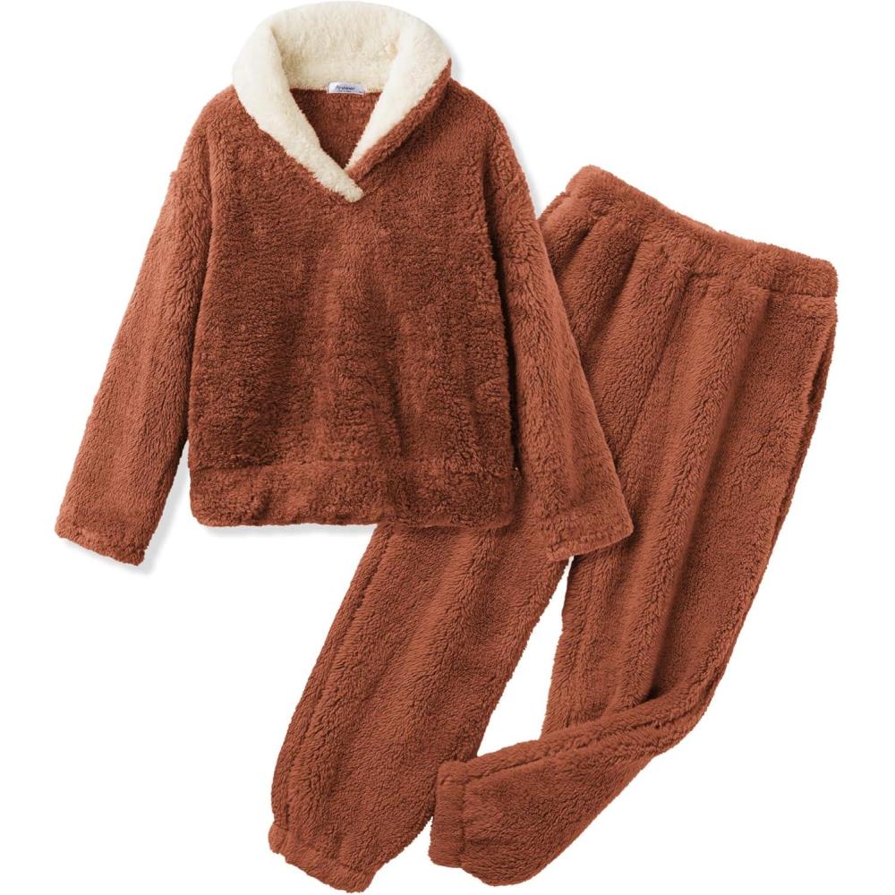 image:imageArshiner Girls Clothes 2 Piece Fuzzy Outfits Winter Warm Fleece Loose Pullover Sweatshirt and Sweatpant SweatsuitBrown