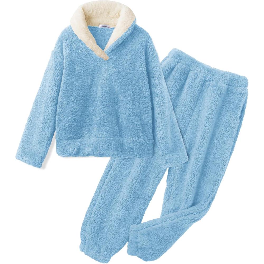 image:imageArshiner Girls Clothes 2 Piece Fuzzy Outfits Winter Warm Fleece Loose Pullover Sweatshirt and Sweatpant SweatsuitLight Blue