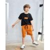 Arshiner Boys Drop Shoulder T-Shirt & Drawstring Waist Shorts Summer Casual Outfits (5-12 Years)(Black Print & Brown)