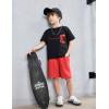Arshiner Boys Drop Shoulder T-Shirt & Drawstring Waist Shorts Summer Casual Outfits (5-12 Years)(Black Print & Red)
