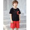 Arshiner Boys Drop Shoulder T-Shirt & Drawstring Waist Shorts Summer Casual Outfits (5-12 Years)(Black Print & Red)