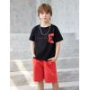 Arshiner Boys Drop Shoulder T-Shirt & Drawstring Waist Shorts Summer Casual Outfits (5-12 Years)(Black Print & Red)