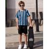Arshiner Boys Drop Shoulder T-Shirt & Drawstring Waist Shorts Summer Casual Outfits (5-12 Years)(Blue/Black/White Stripe)