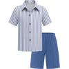Arshiner Boy’s Textured Button Up Shirt and Shorts Set 2 Piece Summer Beach Outfit for 5~12 Years Kids(Blue Stripe & Navy)