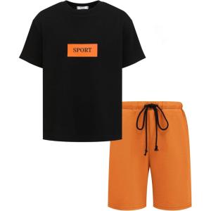 Arshiner Boys Drop Shoulder T-Shirt & Drawstring Waist Shorts Summer Casual Outfits (5-12 Years)(Black Print & Brown)