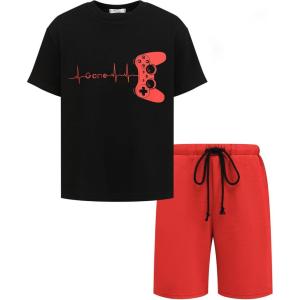 Arshiner Boys Drop Shoulder T-Shirt & Drawstring Waist Shorts Summer Casual Outfits (5-12 Years)(Black Print & Red)