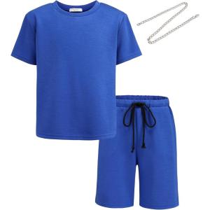Arshiner Boys Drop Shoulder T-Shirt & Drawstring Waist Shorts Summer Casual Outfits (5-12 Years)(Blue)