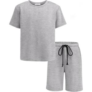 Arshiner Boys Drop Shoulder T-Shirt & Drawstring Waist Shorts Summer Casual Outfits (5-12 Years)(Grey)