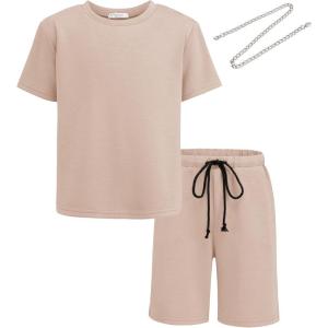 Arshiner Boys Drop Shoulder T-Shirt & Drawstring Waist Shorts Summer Casual Outfits (5-12 Years)(Khaki)