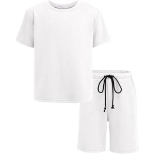Arshiner Boys Drop Shoulder T-Shirt & Drawstring Waist Shorts Summer Casual Outfits (5-12 Years)(White)
