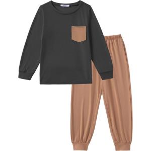 Arshiner Boys Fall Clothes Set Long Sleeve Pullover T-Shirt & Jogger Pants Casual Outfits for 5-13 Years Kids(Black/Brown)