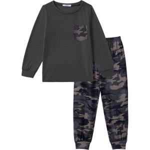 Arshiner Boys Fall Clothes Set Long Sleeve Pullover T-Shirt & Jogger Pants Casual Outfits for 5-13 Years Kids(Black/Camo)