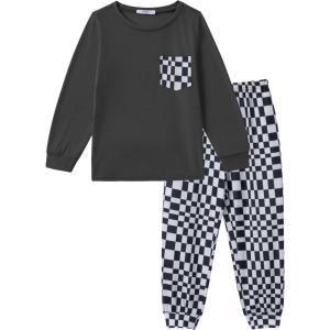 Arshiner Boys Fall Clothes Set Long Sleeve Pullover T-Shirt & Jogger Pants Casual Outfits for 5-13 Years Kids(Black/Plaid)