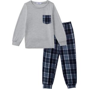 Arshiner Boys Fall Clothes Set Long Sleeve Pullover T-Shirt & Jogger Pants Casual Outfits for 5-13 Years Kids(Light Grey/Navy Plaid)