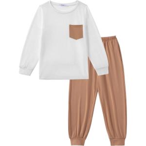 Arshiner Boys Fall Clothes Set Long Sleeve Pullover T-Shirt & Jogger Pants Casual Outfits for 5-13 Years Kids(White/Brown)