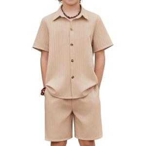 Arshiner Boy’s Textured Button Up Shirt and Shorts Set 2 Piece Summer Beach Outfit for 5~12 Years Kids(Light Khaki)