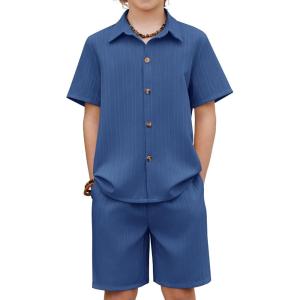 Arshiner Boy’s Textured Button Up Shirt and Shorts Set 2 Piece Summer Beach Outfit for 5~12 Years Kids(Navy)