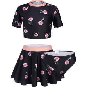 Arshiner Girls’ 3 Pieces Swimsuits Short Sleeve Crop Tops Skirt Bikini Set Rash Guard Swimwear for 5-13 Years Girl(Pattern 5)