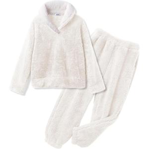 Arshiner Girls Clothes 2 Piece Fuzzy Outfits Winter Warm Fleece Loose Pullover Sweatshirt and Sweatpant Sweatsuit(Beige)