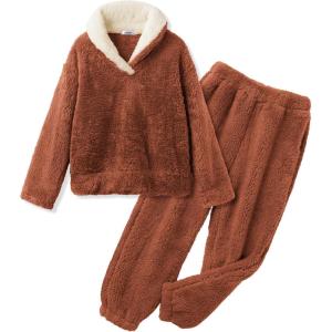 Arshiner Girls Clothes 2 Piece Fuzzy Outfits Winter Warm Fleece Loose Pullover Sweatshirt and Sweatpant Sweatsuit(Brown)