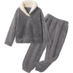 Arshiner Girls Clothes 2 Piece Fuzzy Outfits Winter Warm Fleece Loose Pullover Sweatshirt and Sweatpant Sweatsuit(Dark Gray)