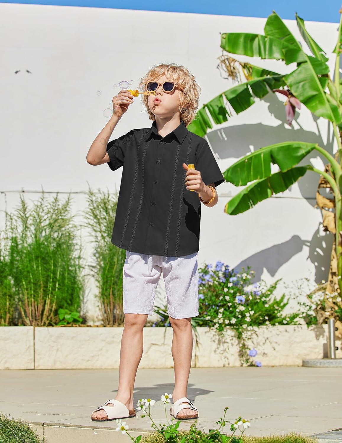 image:imageArshiner Boys Cuban Guayabera Shirt Short Sleeve Button Down Shirt Summer Casual Linen Shirts for Kids 412 YearsBlack