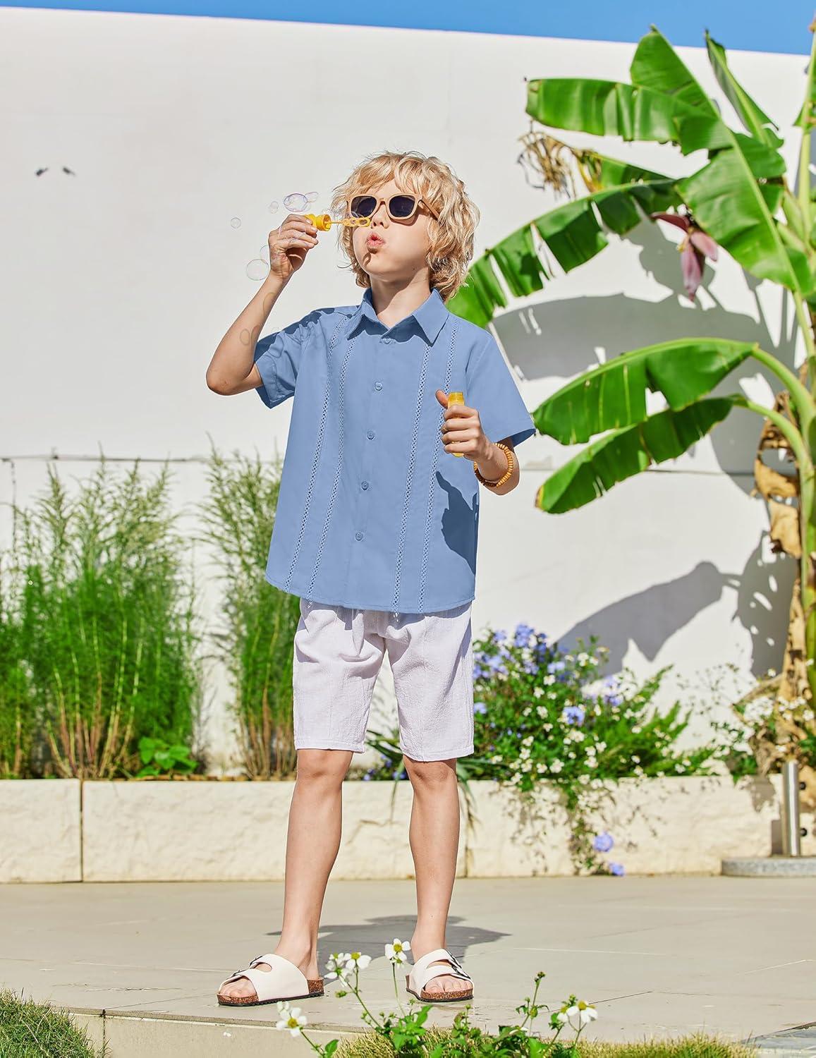 image:imageArshiner Boys Cuban Guayabera Shirt Short Sleeve Button Down Shirt Summer Casual Linen Shirts for Kids 412 YearsBlue