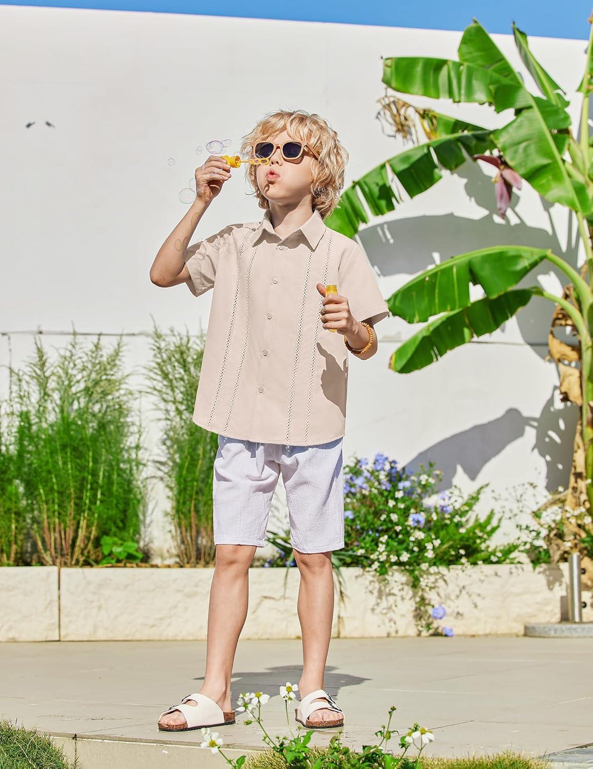 image:imageArshiner Boys Cuban Guayabera Shirt Short Sleeve Button Down Shirt Summer Casual Linen Shirts for Kids 412 YearsChampagne