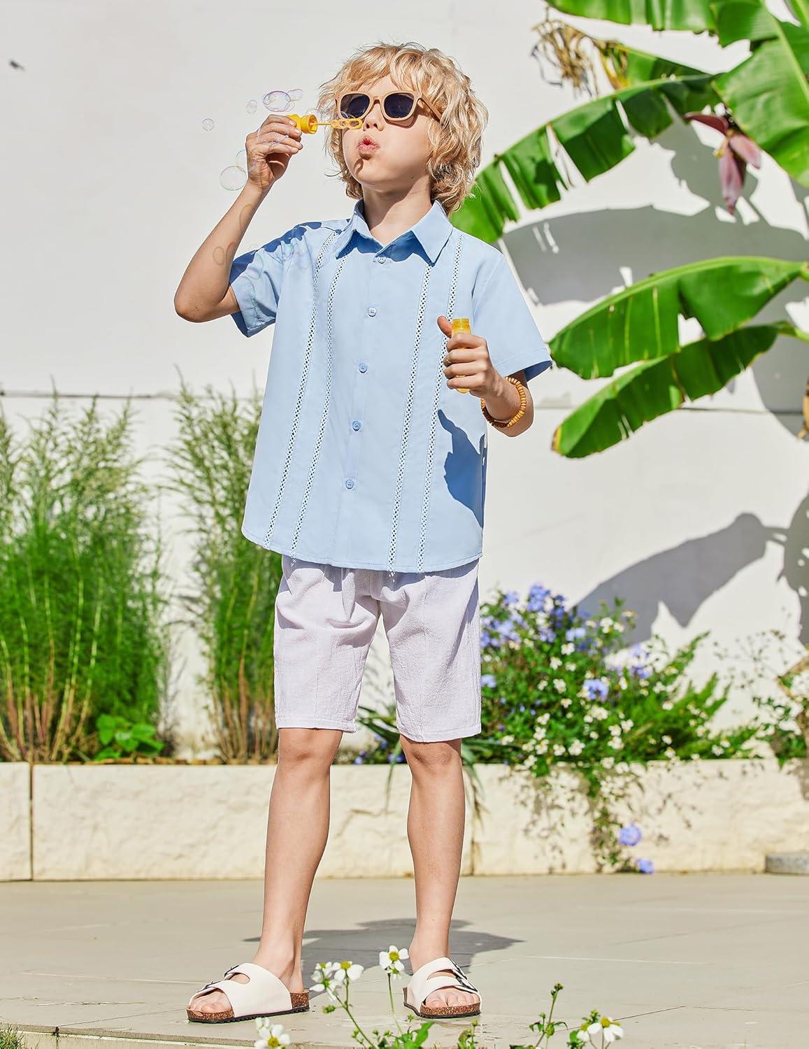 image:imageArshiner Boys Cuban Guayabera Shirt Short Sleeve Button Down Shirt Summer Casual Linen Shirts for Kids 412 YearsLight Blue