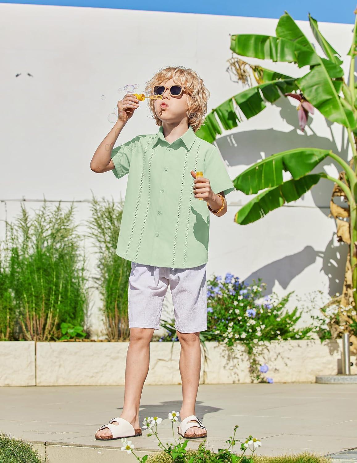 image:imageArshiner Boys Cuban Guayabera Shirt Short Sleeve Button Down Shirt Summer Casual Linen Shirts for Kids 412 YearsLight Green
