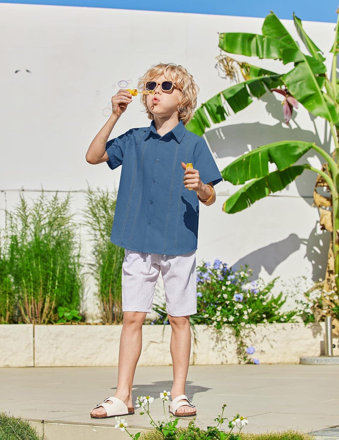 image:imageArshiner Boys Cuban Guayabera Shirt Short Sleeve Button Down Shirt Summer Casual Linen Shirts for Kids 412 YearsNavy Blue